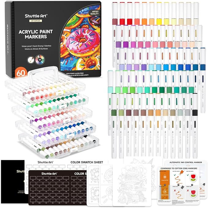 Shuttle Art Automatic Ink Control Acrylic Paint Markers, 60 Colors Brush Tip Acrylic Paint Pens for Rock, Ceramic, Wood, Canvas, Glass, Stone, Fabric, Card Making, DIY Football Crafts, FlipFunAlong