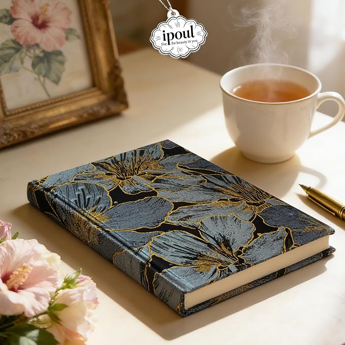 ipoul Floral Notebook, A5, 8x6, Wide Rule, Lined Paper, Journal for Women, Hard Cover, Lay Flat, Pretty, Writing Journal, Navy Blue, Hibiscus, Gift for Mother, Grandma
