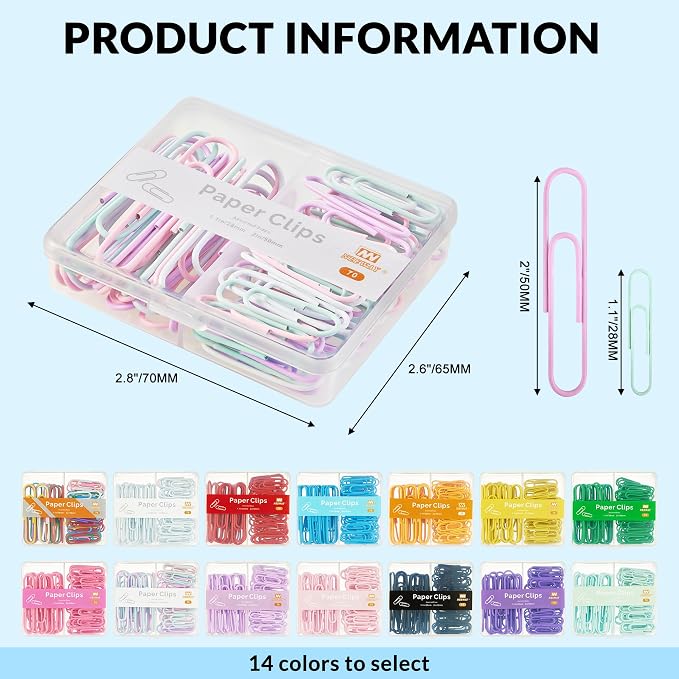 NEEWAY Colorful Paper Clips Assorted Sizes, Small and Large Paper Clips, 70 Count (Light Multicolor)