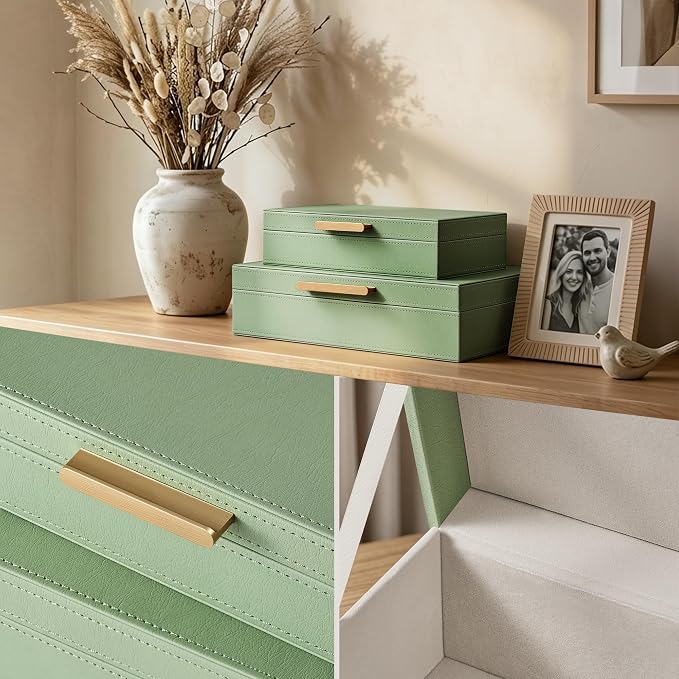 JARLINK Decorative Storage Boxes with Lids, PU Leather Bins, 2 Pack, Sage | Elegant Keepsake & Memory Boxes for Photos, Documents & Remotes, Premium PU Leather Organizers for Bookshelf & Home Decor
