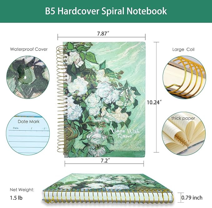 Large Spiral Notebook, B5, 300 Pages, 8x10 Big Notebook, Hardcover Large Journal, Thick Lined Notebook, Between College Ruled and Wide Ruled, Van Gogh Gifts for Women and Children.