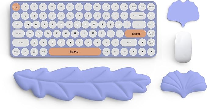 Keyboard Wrist Rest Pad Set, Leaf Shape PU Leather Memory Foam Cushion Support, Mouse Rest Pad, Non-Slip Support for Easy Typing Pain Relief, Purple Leaf