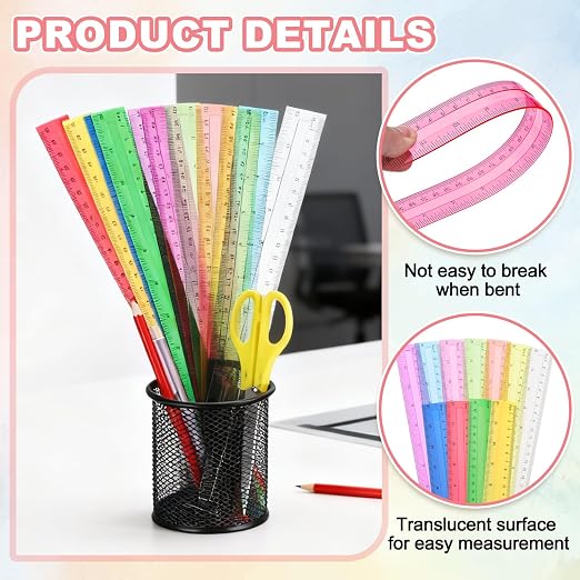 HARFINGTON 5pcs Plastic Rulers 12" (30cm) Clear Straight Ruler Measuring Tool Inches and Centimeters for Home Office Classrooms Drafting, Clear Pink