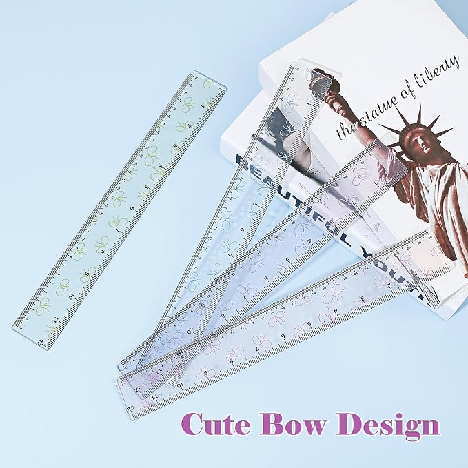 BAYTORY 4Pcs Transparent Acrylic Ruler 12 Inch, Plastic Straight Rulers | Shatterproof Student Stationery Centimeters with Inches, for Classroom Essentials School Supplies (Bowknot 12 Inch)