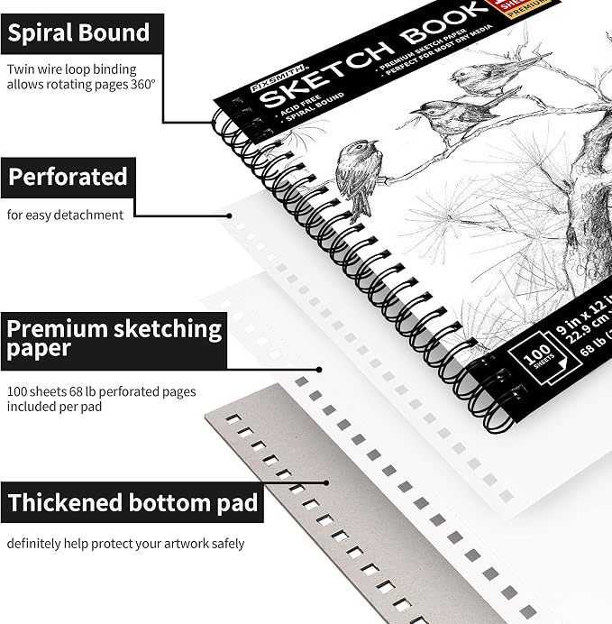 FIXSMITH 9"X12" Sketch Book, 100 Sheets, 68 lb/100gsm | 100 Sheets, Bright White, Spiral Sketchbook, Acid Free Drawing Paper, For Kids, Beginners, Artists & Professionals
