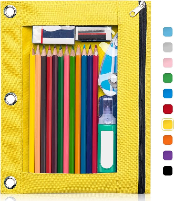 Forvencer Pencil Pouch for 3 Ring Binder, Clear Window Pencil Case with Smooth Zipper, Big Capacity 3 Ring Binder Pencil Bag with 3 Reinforced Grommets, Yellow