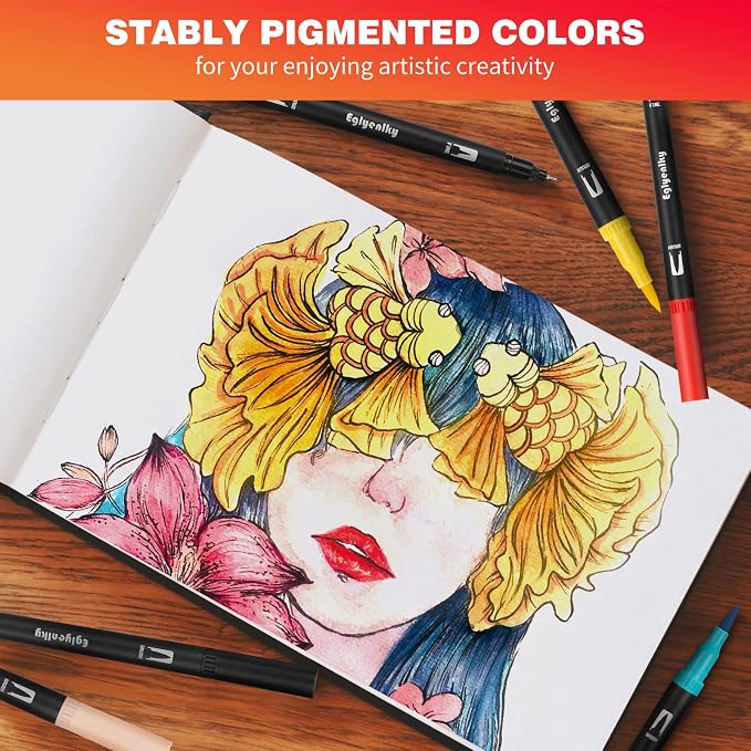 Eglyenlky Colored Markers for Adult Coloring Books, Dual Tip Brush Pens with 100 Watercolor Fine Tip Markers and Brush pens for Kids Drawing Calligraphy