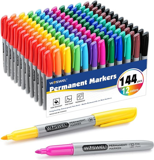 WOSWEL Permanent Markers Bulk, 144 Pack Permanent Marker Set, 12 Assorted Colors, Fine Point Tip, Fast Dry, Waterproof, work on Plastic, Glass, Metal, Wood and Stone, Perfect for School, Office, Home
