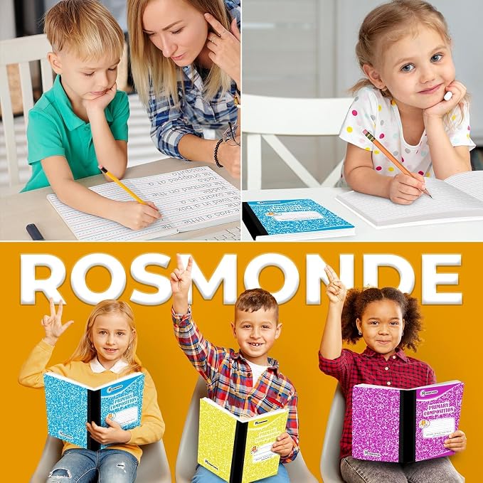 Rosmonde Composition Notebooks Primary Ruled 12 Pack, K-2, Color Marble | Primary Composition Notebook, 200 Pages (100 Sheets), 9-3/4" x 7-1/2", Grades K-2, Writing Journal, Dotted Lined, Hard Cover