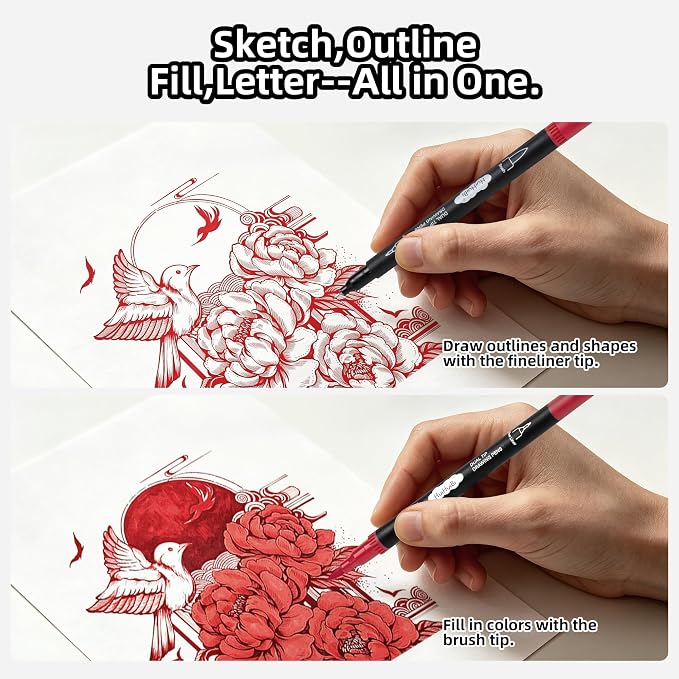 10 Pack Red Markers for Coloring,1-6mm Dual Brush Pens with 0.4mm Fine Tip Markers,Red Drawing Pens for Art Drawing Sketching Calligraphy