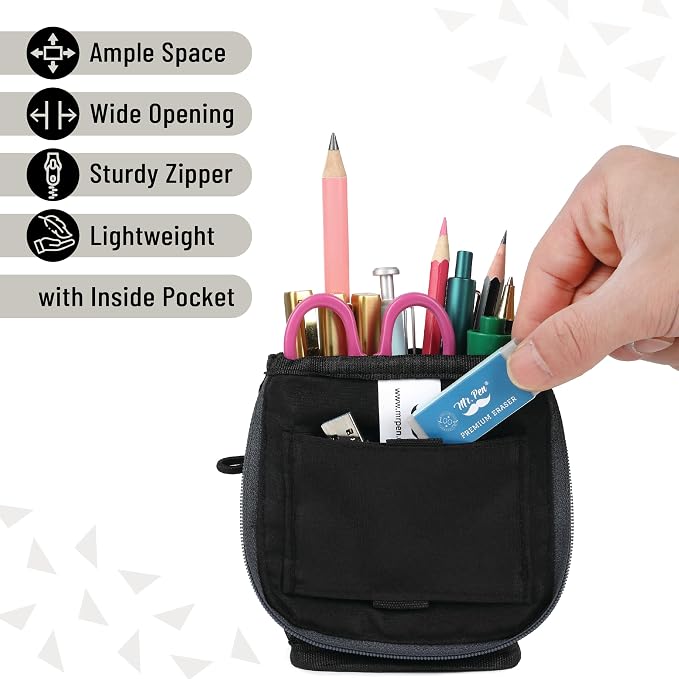 Mr. Pen- Standing Pencil Case Pouch, Sit & Lay Mesh-View Design | Black with Gray Zipper, Interior Pocket & 2 Elastic Binder Loops, Cute Pencil Case for Girls and Boys