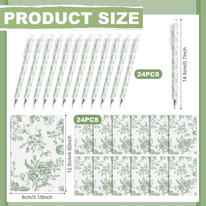 Engrowtic 24 Set Sage Green and White Floral Mini Notebooks and Ballpoint Pens Chinoiserie Vintage Pocket Notepads Gel Pens Small Journals for Bridal Wedding Baby Shower