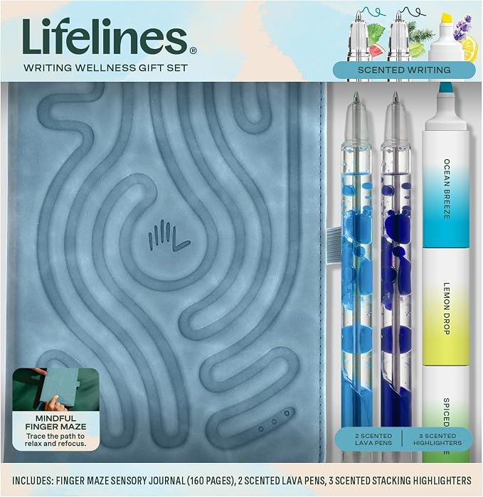 Lifelines Writing Wellness Gift Set - Aromatherapy & Sensory Immersion | Scented Writing Set Includes Finger Maze Sensory Journal, 3 Scented Stacking Highlighters & 2 Lava Gel Pens