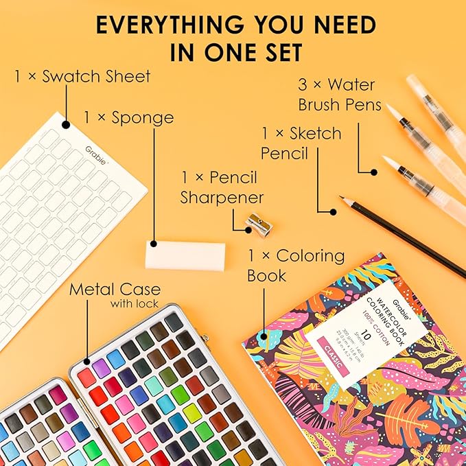 Grabie Watercolor Paint Set, Watercolor Paints, 168 Colors, Painting Set with Coloring Book, Water Brushes and Drawing Pencil, Art Supplies, Perfect Starter Kit for Watercolor Painting, Set of 168