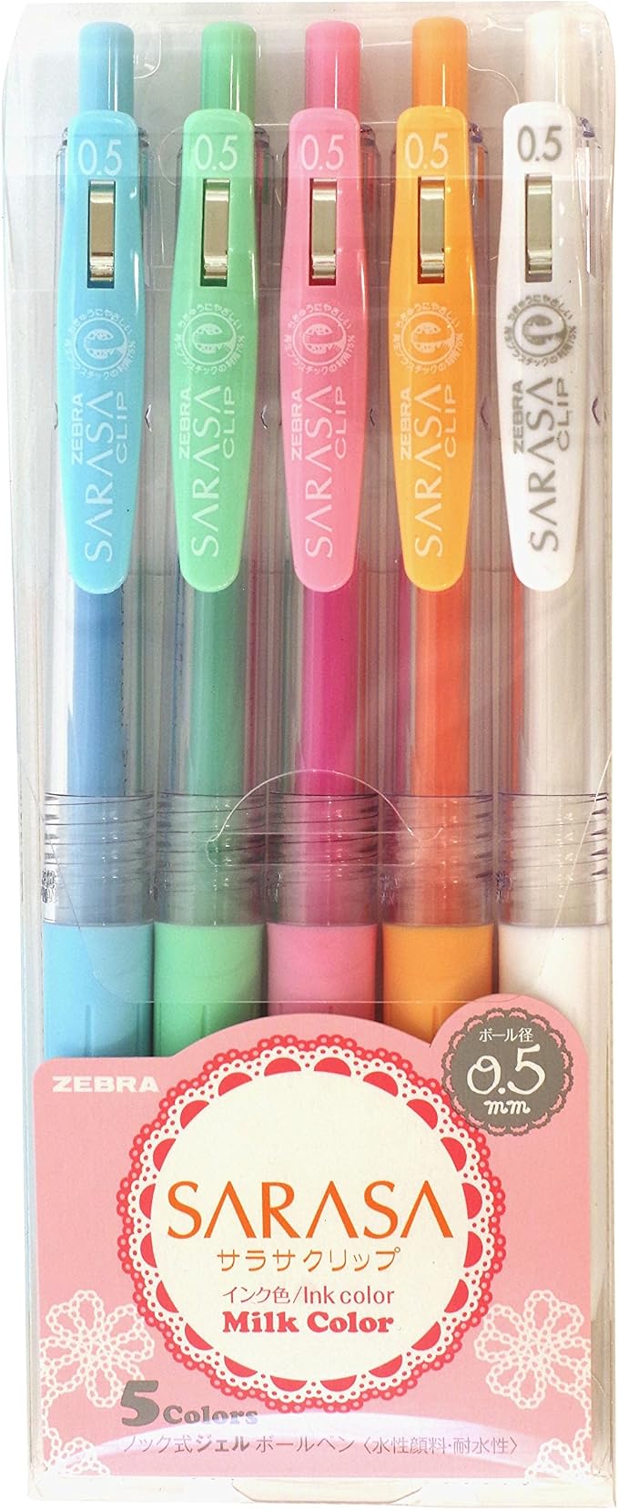 Zebra Sarasa Clip Gel Ink Ballpoint Pen, 0.5mm, Milk Color, 5 Color Set (JJ15-5C-MK)