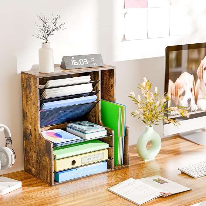 Simple Trending Wooden Desk Organizer, 7- Tier File Organizer, Adjustable Letter Tray Paper Organizer with File Holder for Office Supplies, Rustic Brown