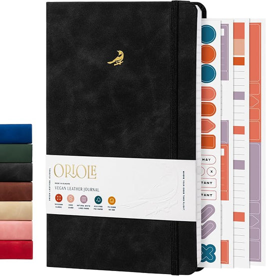 Oriole Vegan Leather Ruled Notebook - Black | 176 Pages of Thick Lined Paper | Soft Touch Hardcover Journal (5 x 8 in) with Gold Foil Bird Design & Luxury Gift Box