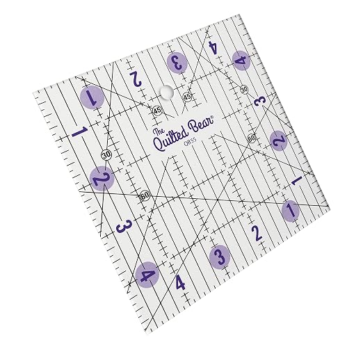 The Quilted Bear Square Quilting Ruler, Transparent Acrylic, 5" x 5" | Non-Slip, Precise Bold Lines, 30, 45 & 60 Degree Angles, 3mm Thick Transparent Acrylic, for Quilt Blocks, Sewing & Craft