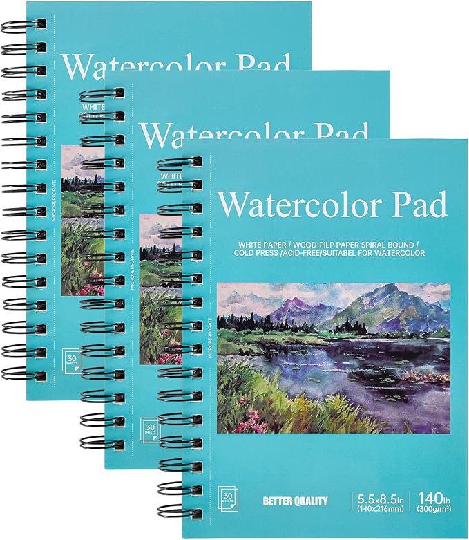 3 Pack 90 Sheet Watercolor Paper Pad 5.5“ x 8.5”, 140lb/300 GSM Cotton Cold Press Spiral Bound Pad Watercolor Sketchbook for Adults, Mixed Media,Markers, Art Painting, Journal