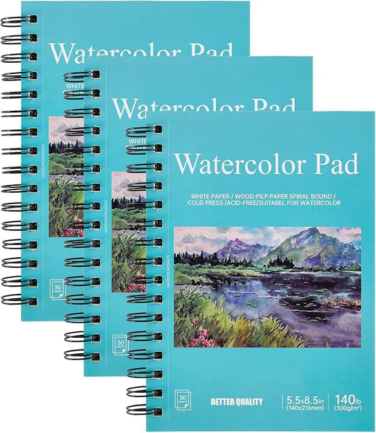 3 Pack 90 Sheet Watercolor Paper Pad 5.5“ x 8.5”, 140lb/300 GSM Cotton Cold Press Spiral Bound Pad Watercolor Sketchbook for Adults, Mixed Media,Markers, Art Painting, Journal