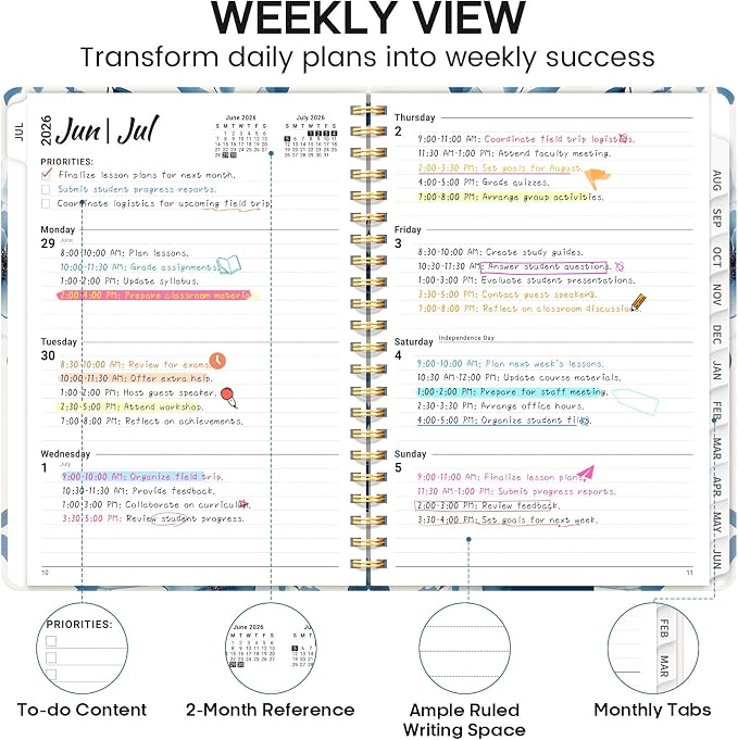 Academic Planner 2026-2027, Weekly and Monthly Calendar Book, July 2026 – June 2027, Hardcover Planner with Tabs, Perfect for Teachers, Students, Women & Men, A5 (6.4" x 8.5") - Watercolor Petal
