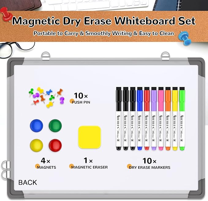 Monthly Calendar Whiteboard for Wall, 17x13 Inches Dry Erase Board with Cork Board Combo, Small Magnetic White Board, Double-Sided Hanging Portable Board for Office School Home Kitchen Planner Memo