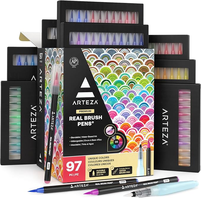 ARTEZA Real Brush Pens, 96 Colors, Watercolor Pens and Drawing Markers with Flexible Nylon Tips, Bonus Water Brush for Coloring, Sketching, Lettering and Art Journaling