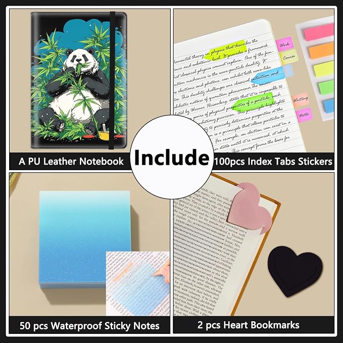 A5 Leather Lined Journal Notebook, 200 Pages Hardcover Executive Notebook for Men Women Office School Note Taking, Thick Writing Paper Daily Journal with Bookmarks/Indexes, Panda Bear Hippie