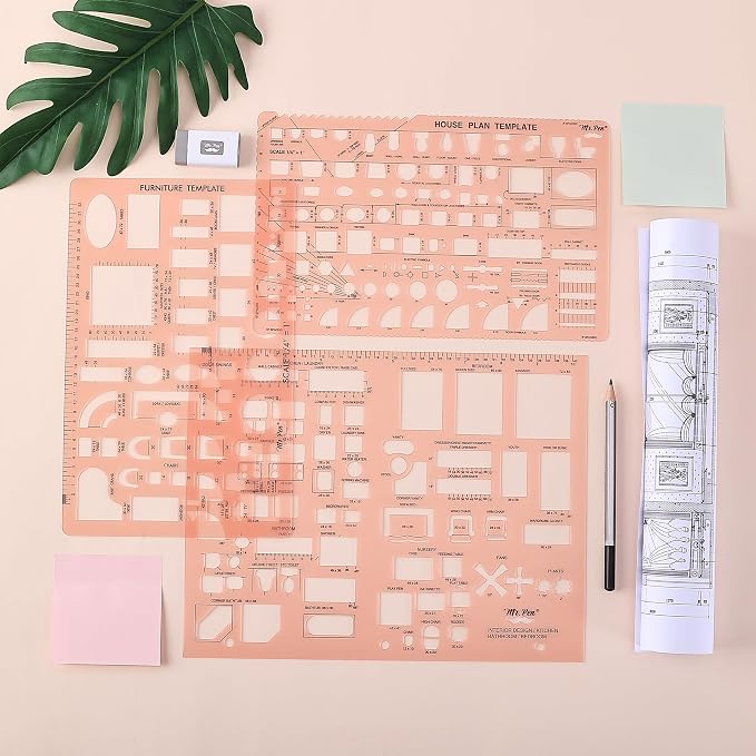 Mr. Pen- House Plan, 3 pcs, Interior Design and Furniture Templates | Clear Flexible Plastic, Drafting Tools, Ruler Shapes for Architecture, 1/4 Inch Scale, Kitchen, Bath, Bedroom, Office