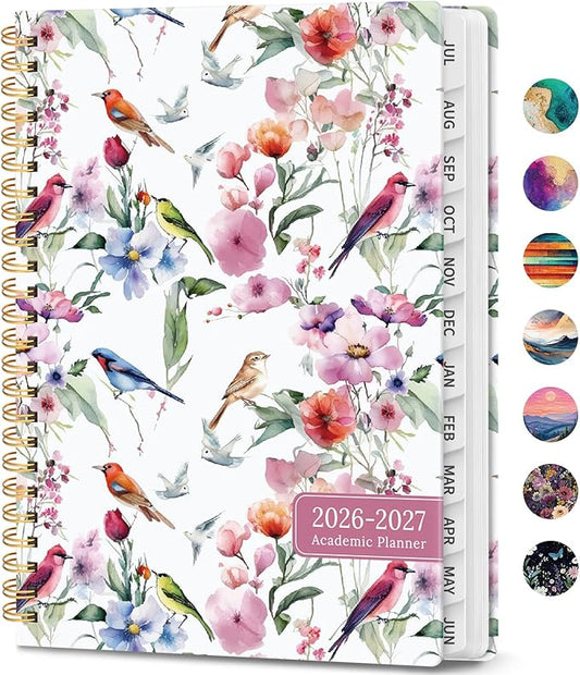 Academic Planner 2026-2027, Weekly and Monthly Calendar Book, July 2026 – June 2027, Hardcover Planner with Tabs, Perfect for Teachers, Students, Women & Men, A4 (8.5" x 11") - Songbird Bloom