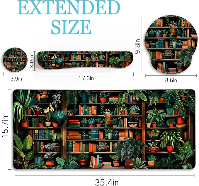 LIMKRIAN Bookshelf Mouse Pad with Wrist Rest, Plant Desk Mat Set Decor | Ergonomic Wrist Rest, Desk Pad, Gaming Computer Mat Keyboard Wrist Support, Coaster, Home Office Desk Accessories for Women