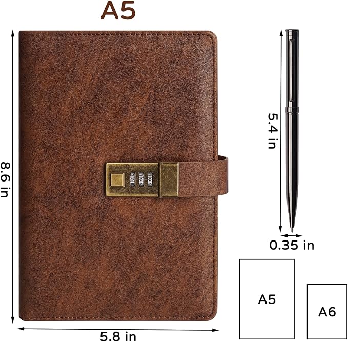 WEMATE Diary with Lock, A5 PU Leather Journal with Lock 240 Pages Brown | Vintage Lock Journal Password Notebook with Pen & Gift Box, Lock Diary Planner Organizer for Men and Women, 8.6x5.8in
