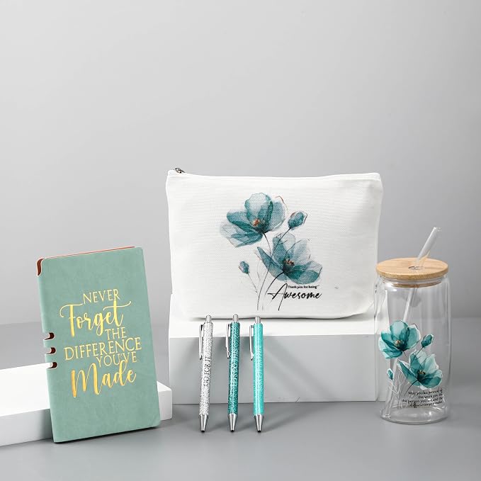 Funnymoom 6 Pcs Appreciation Gifts Set for Women Back to School Teacher Gifts Employee Thank You Gift with 17 oz Glass Tumbler Journal Pens and Pouch for Coworkers Educators,Floral,Green