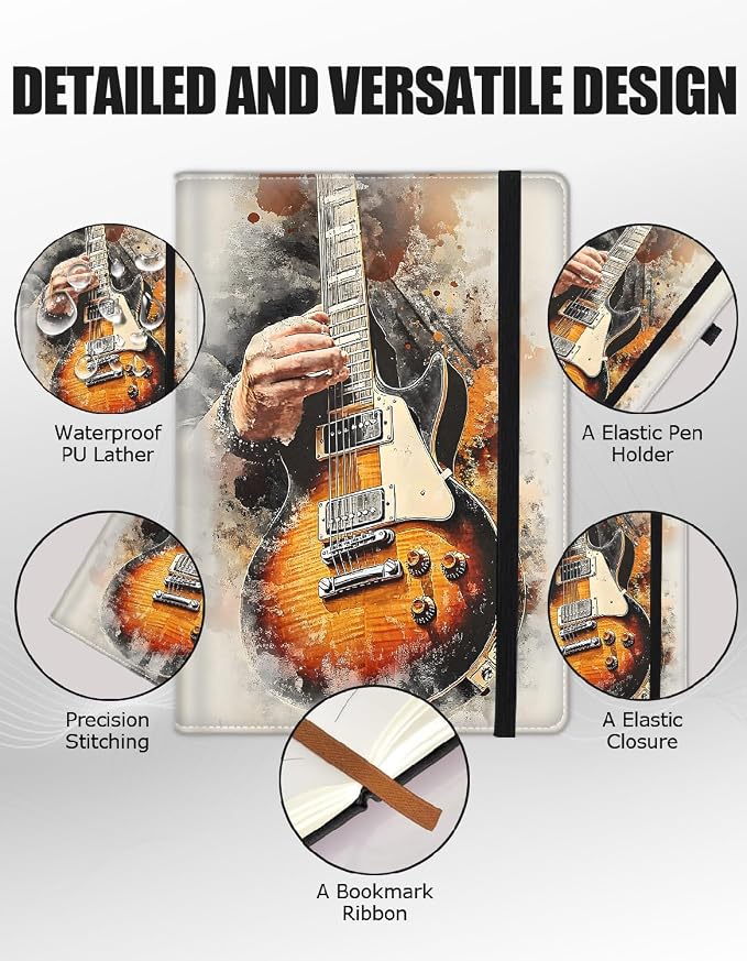 Hardcover Executive Notebooks, A5 PU Leather Lined Journal Notebook, 200 Pages Thick Paper Subject Notebooks for School,Work,Home Writing Business Notebook, Diary Book ，Playing Guitar