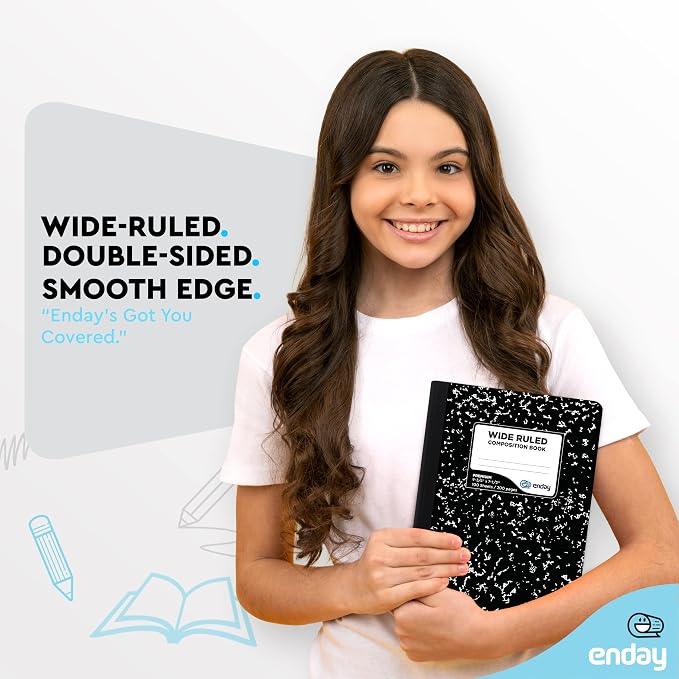 Enday Marble Composition Notebook Wide Ruled (2 Pack) 100 Sheets | Black Composition Notebook For Back to School, Home and Office