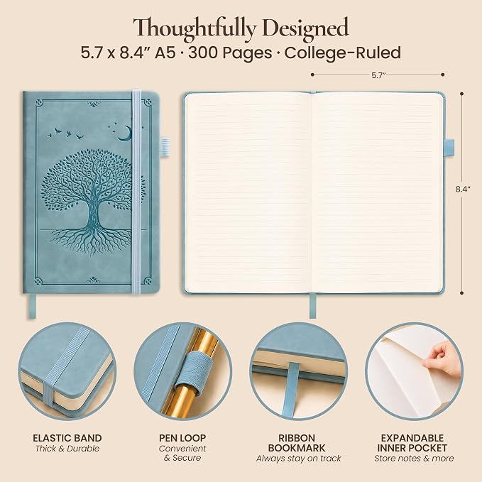 Lined Journal Notebook Hardcover Leather Bound 300 Pages A5 Blue Diary | College Ruled 5.7x8.4" Journaling Notebooks for Men & Women, Writing for Personal, Thick Travel Daily Note Book Tree of Life