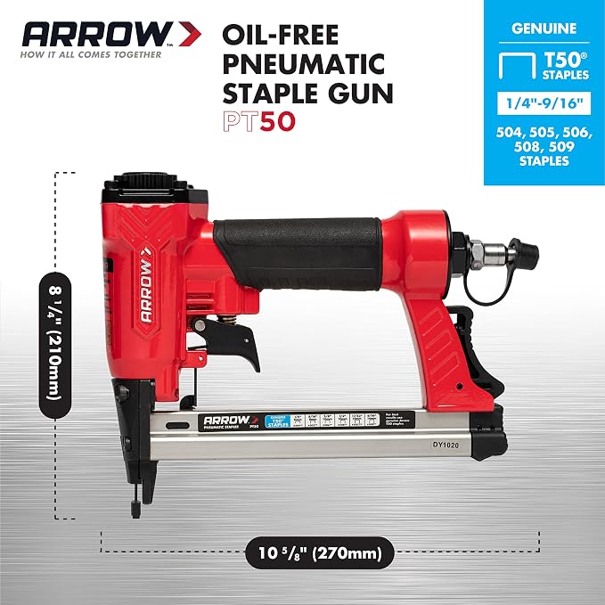Arrow PT50 Oil-Free Pneumatic Staple Gun, Professional Heavy-Duty Stapler for Wood, Upholstery, Carpet, Wire Fencing, Fits 1/4”, 5/16”, 3/8", 1/2", 9/16” Staples , Red | Professional Stapler for Wood, Upholstery, Carpet, Wire Fencing, Fits 1/4", 5/16",...