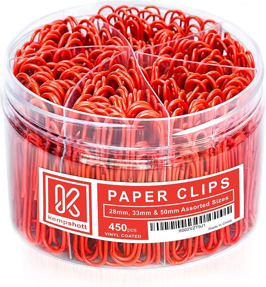Kempshott 450 Red Color Paper Clips Assorted Sizes Small, Medium and Large Paper Clips for Paperwork Ideal for Home, School and Office Use (Assorted, Red)