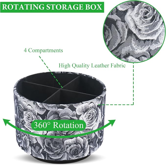 Round Leather Art Supply Organizer,Remote Control Holder,360 Degree Rotating,Multi-Functional Pencil Holder,4 Compartments Desktop Stationary Organizer(1-3D Black Grey)