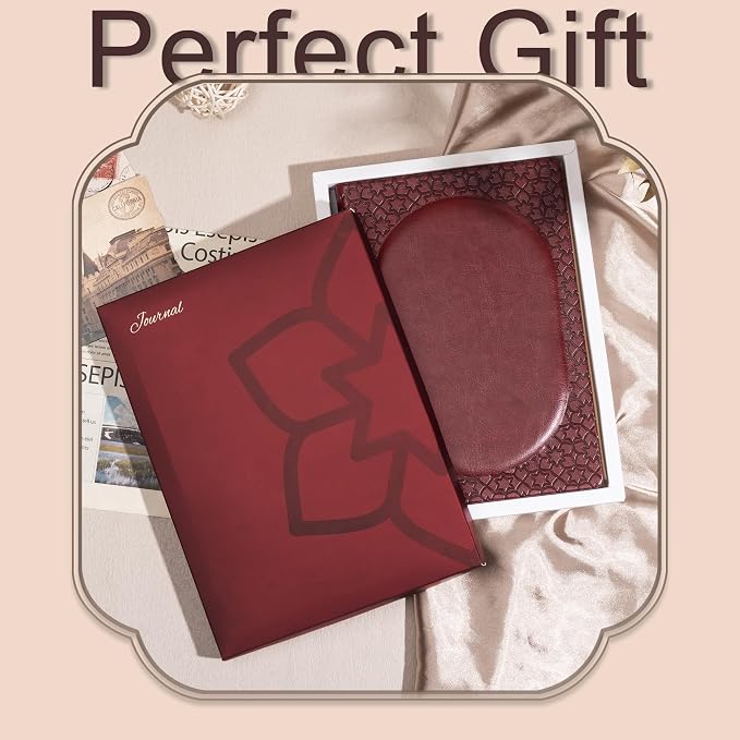 CAGIE Leather Journal for Women, 100 GSM 256 Lined Pages, A5 Hardcover | Wine Red vintage leather cover, gold edges, 100 GSM lined paper, ribbons, contents pages and gift box for daily writing