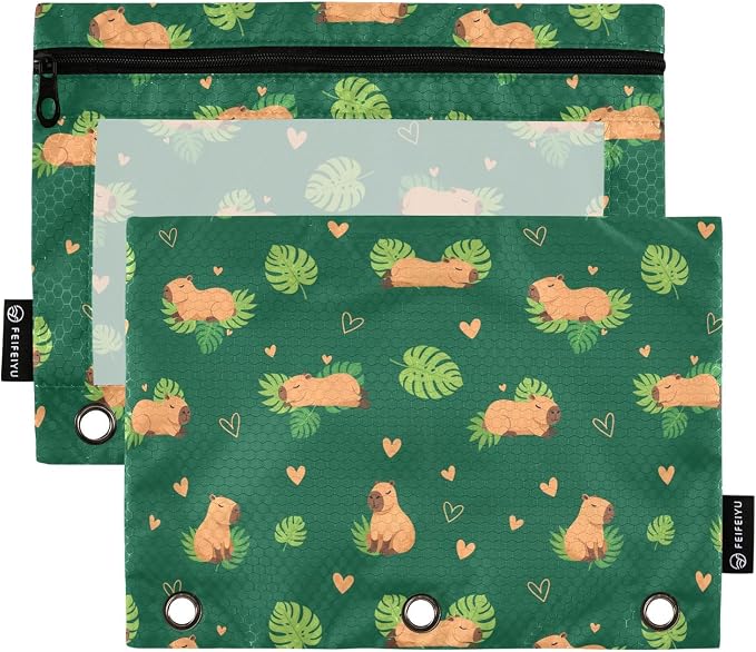 Emelivor Capybara Dark Green Pencil Pouch for 3 Ring Binder 2 Pcs Pockets Pencil Pouches Bag with Clear Pencil Case Cosmetic Bag for Storing College Office Supplies