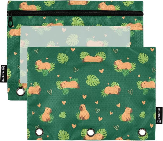 Emelivor Capybara Dark Green Pencil Pouch for 3 Ring Binder 2 Pcs Pockets Pencil Pouches Bag with Clear Pencil Case Cosmetic Bag for Storing College Office Supplies