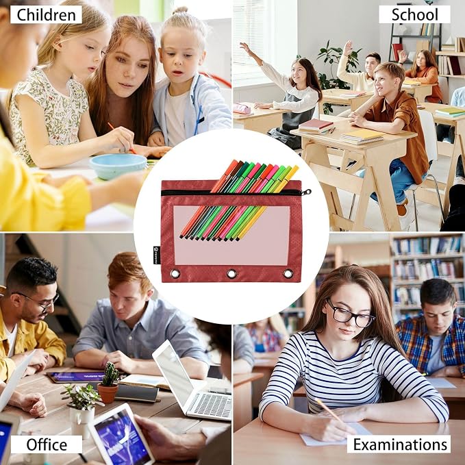 Gredecor Binder Pencil Pouch 3 Ring Brown Zipper Pencil Pouches Case 2 Pack Clear Binder Organizer for School Office
