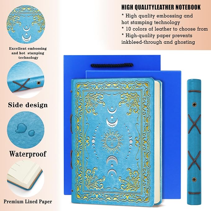 JOHSBYD Sun & Moon Faux Leather Notebook,Hardcover Executive Notebooks for Women Men,320Pages Journal Notebook with Pen,Vintage Sun & Moon Design,1 Pack Light Blue A5 (Sun Moon Light Blue)