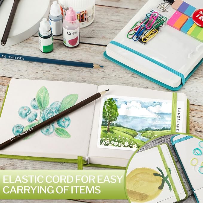 Prudiut 5" x 5" Hardcover Pocket Sketchbook, 80 Sheets, Emerald Green | 160gsm acid-free paper, elastic closure, ribbon bookmark, compact travel size for sketching on the go