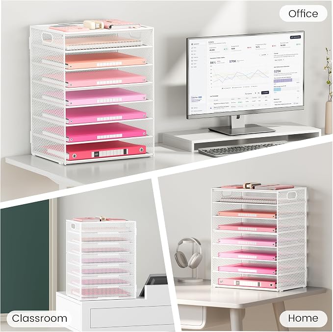 Lavatino 8-Tier Letter Tray Desk Paper Organizer, Mesh File Tray Organizer for Desk, Office Supplies & Home Organization, Fits A4 Paper, Mail, Magazines and Office Accessories (White with Handle)