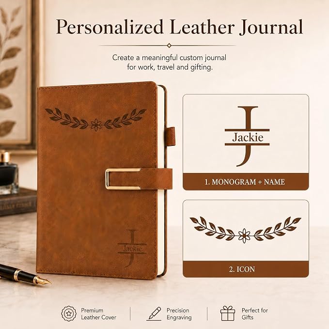 CRME Personalized Icon Notebook, Custom Text Engraved Leather Journal, A5 Writing Journal Gift for Women Men, Students, Office, Business