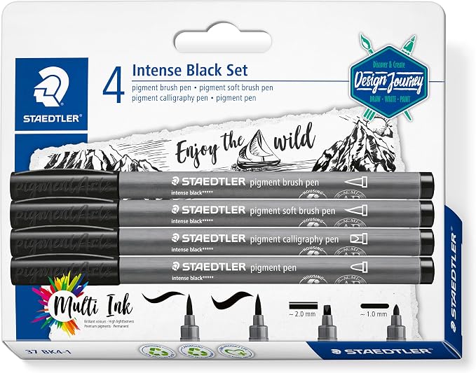 Staedtler Pigment Arts Pens - Intense Black, Assorted Tip, Set of 4