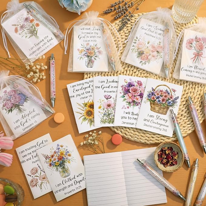 Mooliwe 48 Pcs Positive Affirmation Gift Set Gratitude Notebooks with Pens Small Bags Motivational Encouragement Notepads Daily Affirmations Journal for Women Stress Relief Self Care (Christian)