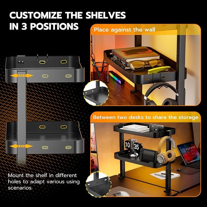 ARES WING 2-Tier 16 inch Clamp On Desk Shelf, Above or Under Desk Storage | Adjustable Desktop Organizer Shlef Holds 66 lbs Heavy Duty, with Headphone Holder for Working and Gaming Accessories, Black